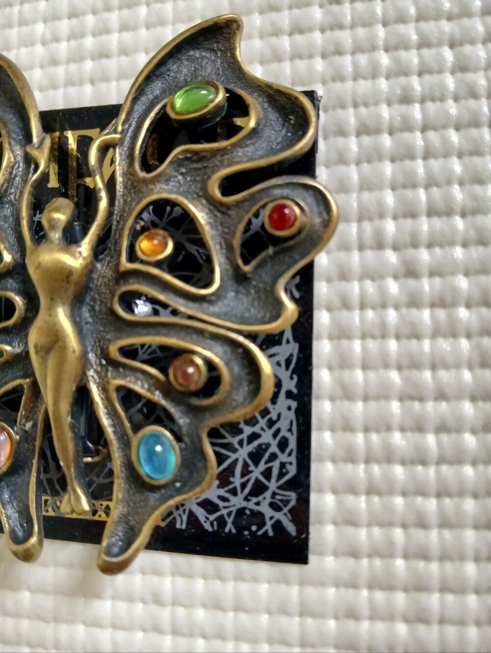 Vintage JJ gold bronze jewel cabs Butterfly woman, Art Nuvo style brooch, new - Picture 3 of 5